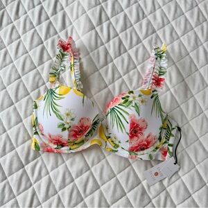 Shade & Shore White Floral Bikini Top with Pink and Yellow Accents